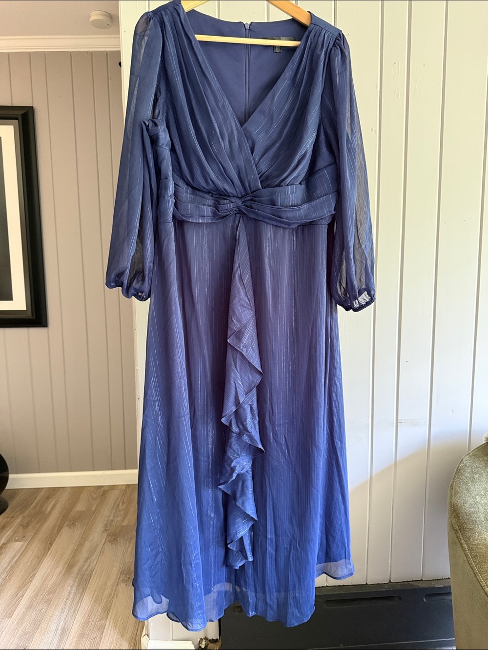 Ever Pretty Sheer Long-Sleeve Ruffle Front Maxi Dress in Periwinkle Blue